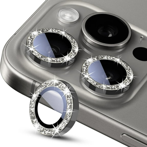 Camera Lens Protector for iPhone 15 Pro/iPhone 15 Pro Max, Bling Glitter 9H Hardness Drop-Proof Metal Individual Ring Protector, Strong Adsorption, Case Friendly (Glitter - Grey)