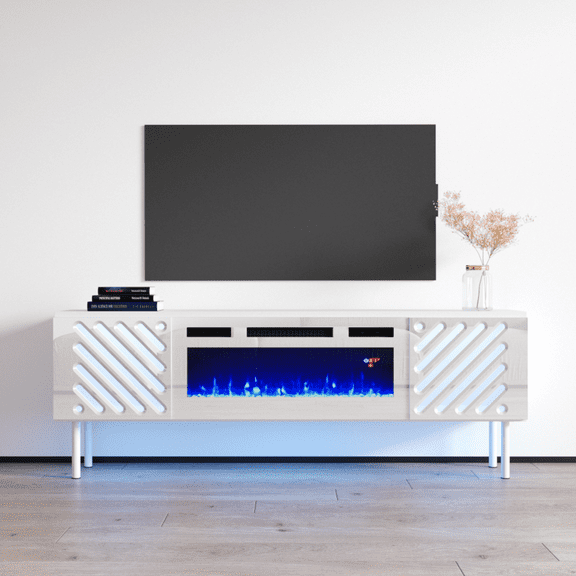 Laser WH-EF Fireplace TV Stand for TVs up to 70", Modern High Gloss 63" Entertainment Center, Electric Fireplace TV Media Console with Storage Cabinets and LED Lights