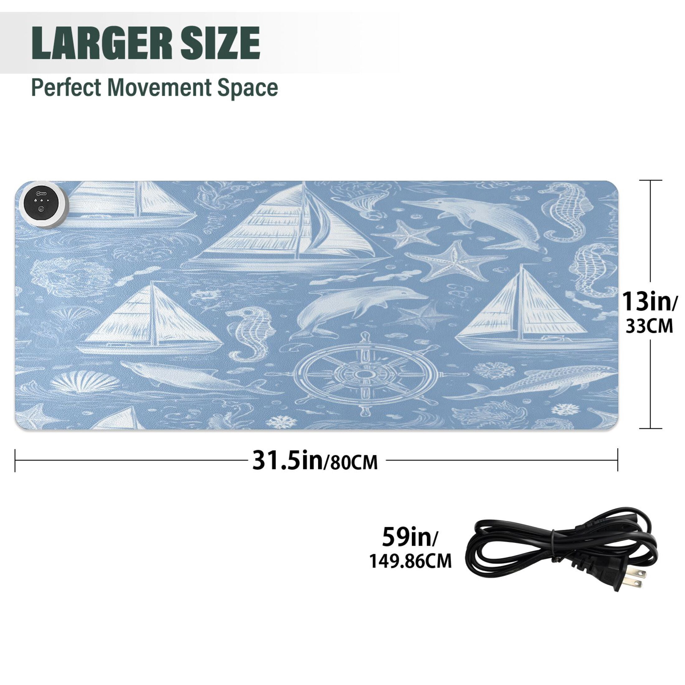 Large Heated Desk Mat Mouse Pad 31.5"x13"PU Leather Graphene Heating Desk Warmer with 3 Temperature Settings 110V US Plug Non-Slip Warm Pad for Home, Office, and Gaming Blue Nautical Style Pattern