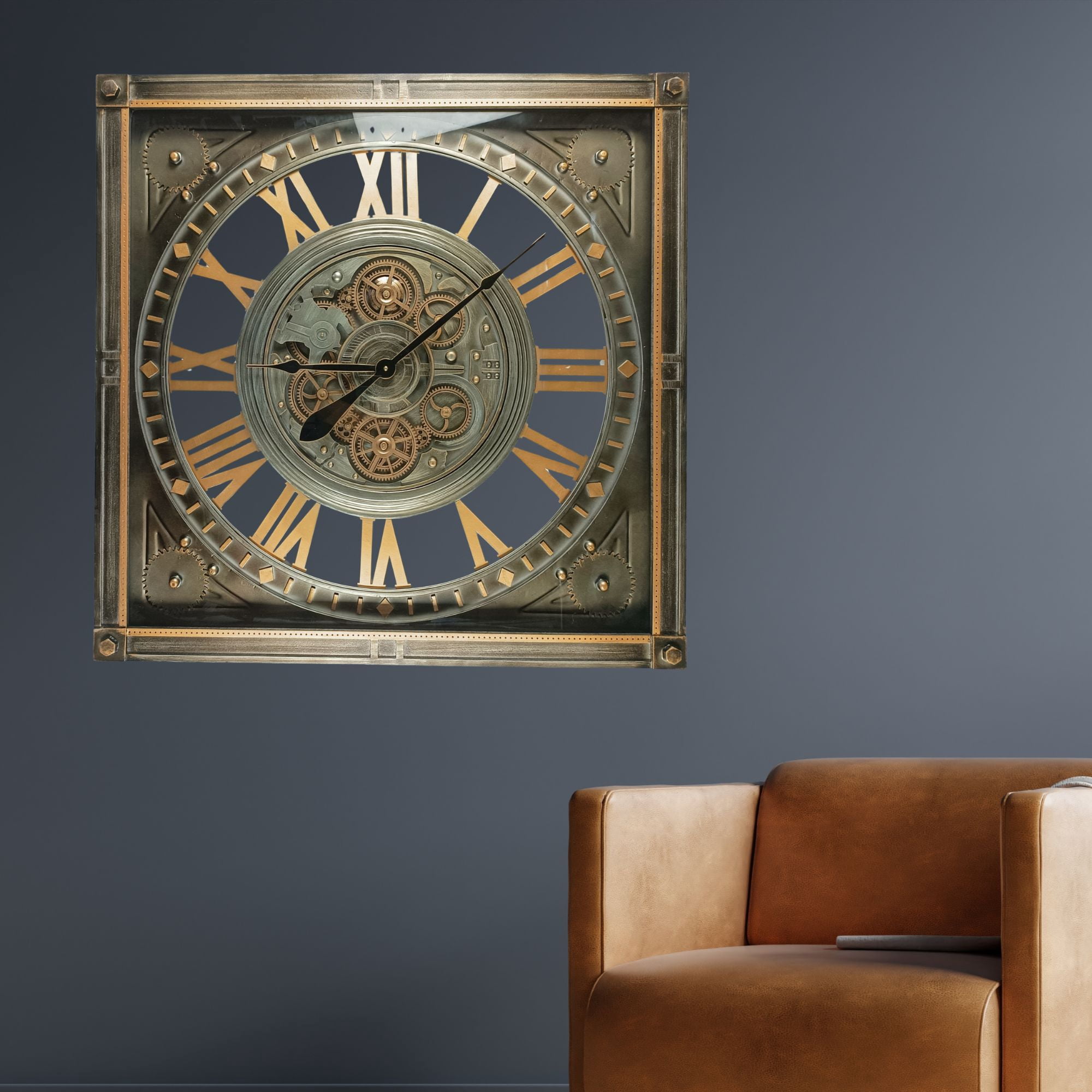 THE GEARS CLOCK Wall Clock with Real Moving Gears LU-LI_ 32 in Square SILVER-ANTIQUE