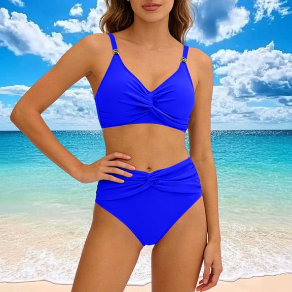 High Waisted Bikini Sets for Women,Push Up Swimsuits Stretch Fit V Neck Twist Front Bathing Suit