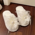 thumbnail image 6 of SYMSHOES Womens Plush Decorative Fuzzy Slippers - White Open Toe Slippers with Flower Feather Pearl, Soft Nylon Spandex Indoor Outdoor House Slippers US 5.5-7.5,Size 36, 6 of 9
