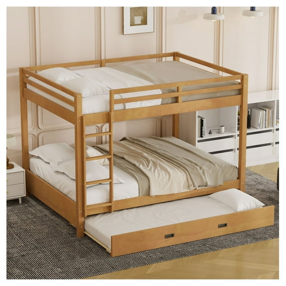 Queen Bunk Bed with Ladder & Trundle, Wood Finish, Box Spring Not Required