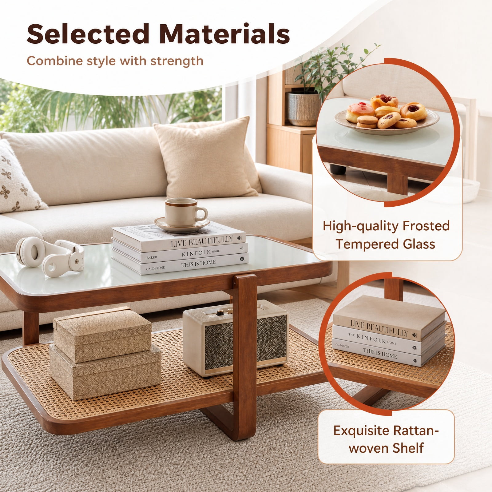 Furnibear Rattan Coffee Table with Frosted Tempered Glass Top and Storage Shelf for Living Room 2 Tier Center Table, Walnut