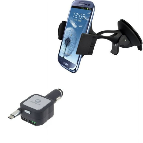 Retractable Car Charger w Windshield Mount Holder E6A for Blackberry KEYone, Key2 LE - BLU G9, Vivo XI Plus 5 - CAT S61 S48c - Coolpad Legacy - Essential Phone (PH-1) - Google Pixel XL 3a XL 3
