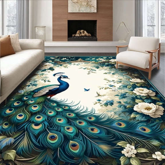ODIKA 4'x6' Machine Washable Non-Slip Area Rug, Floral Peacock High Traffic Rug, Blue, 68843