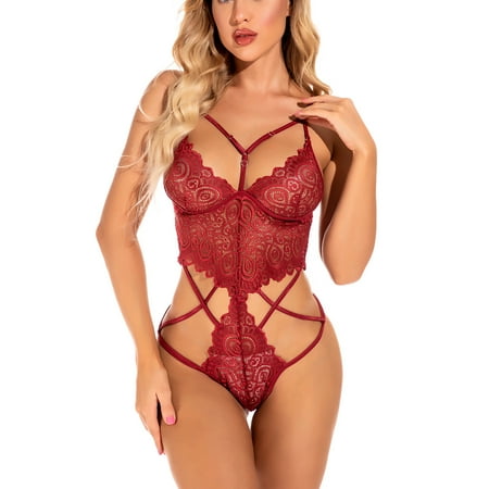 Women Lingerie Sexy Deep V Lace Bodysuit Teddy Babydoll Lace up Bodysuit