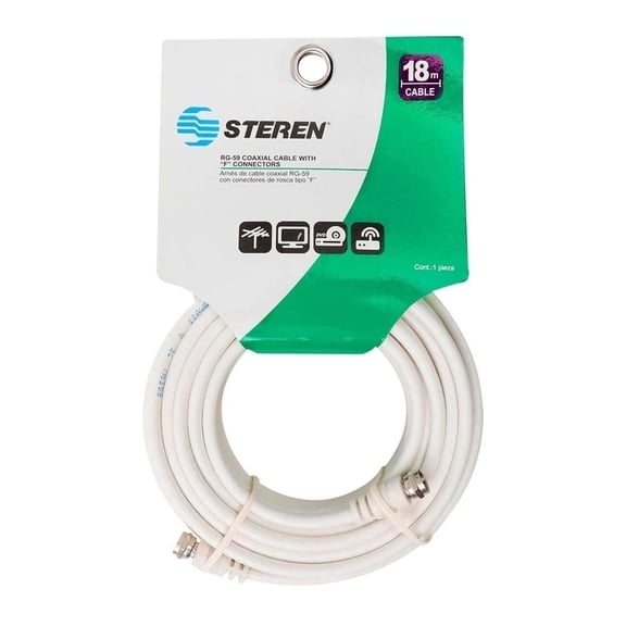 Arnés de Cable Coaxial RG-59 Steren con Conectores de Rosca Blanco Modelo 205-1800BL