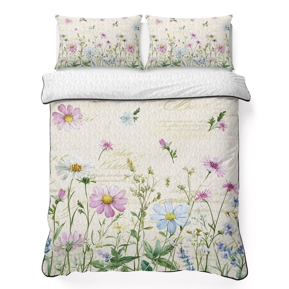 Full Quilt Set 78''x90'', Vintage Flower Lightweight Bedspread Coverlet Set with 2 Pillow Shams, Botanical Wildflower Plant Country Daisy Breathable All Season Quilt Bedding for Bedroom/Guest Room