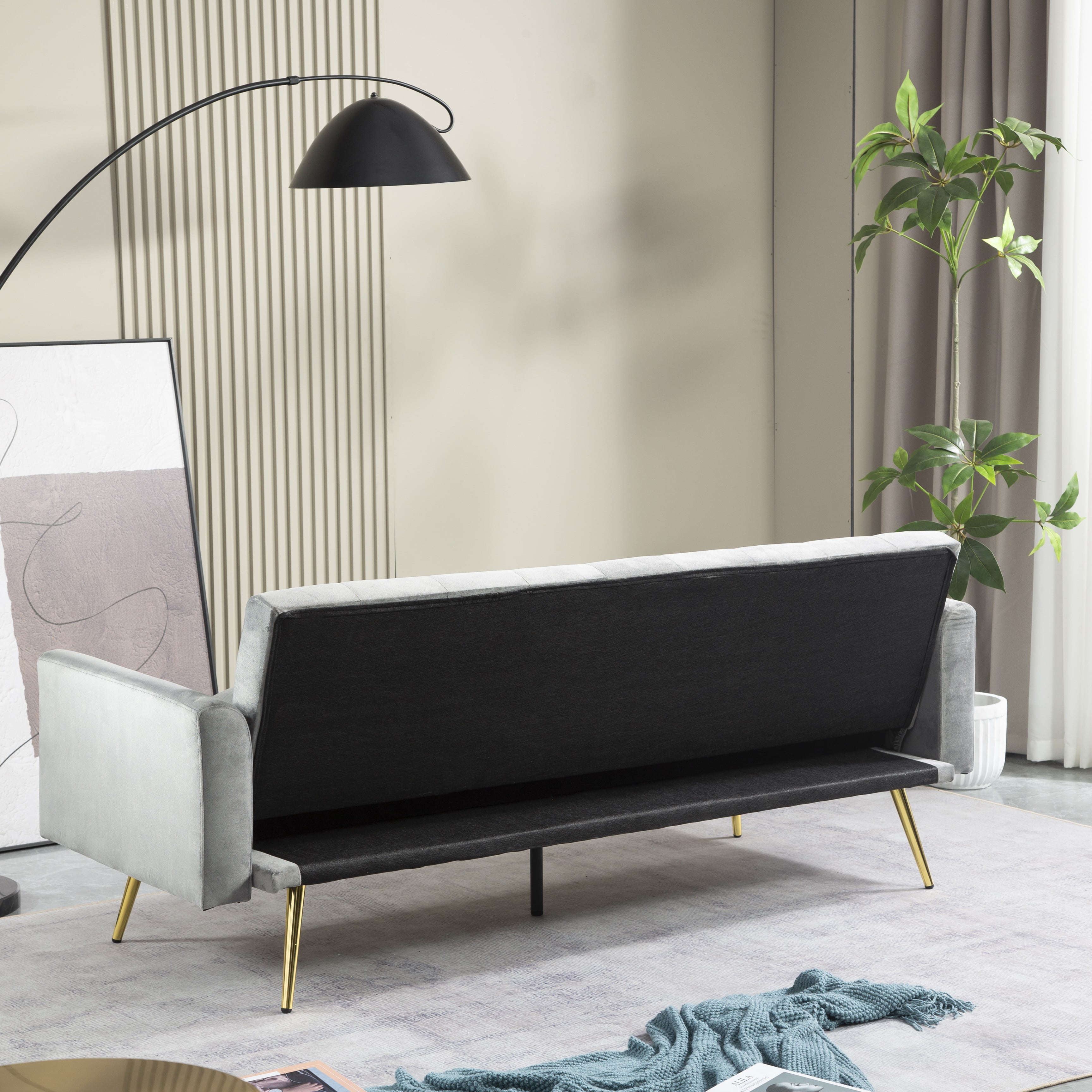 71 Inches Velvet Futon Sofa Bed with 2 Pillows,Modern Convertible Futon Couch with Adjustable Backrest,Gray
