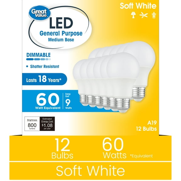 Great Value 18YR A19 LED Bulb, 9-Watt (60W Equivalent) E26 Base, Dimmable, Soft White, 12-Pack
