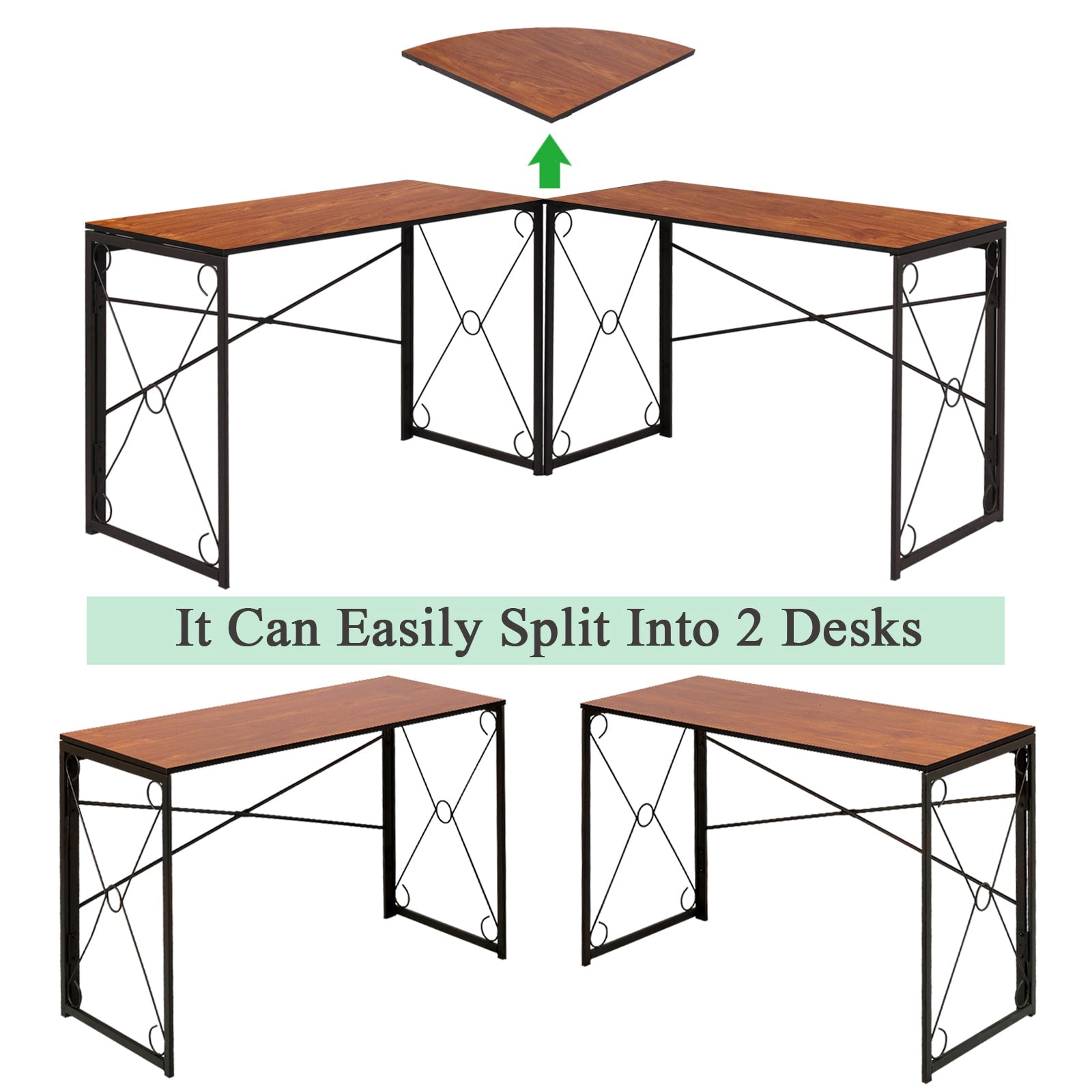 Javlergo L Shaped Folding Computer Desk, Modern Corner Gaming/Writing Table for Home Office, No Assembly Needed, Brown