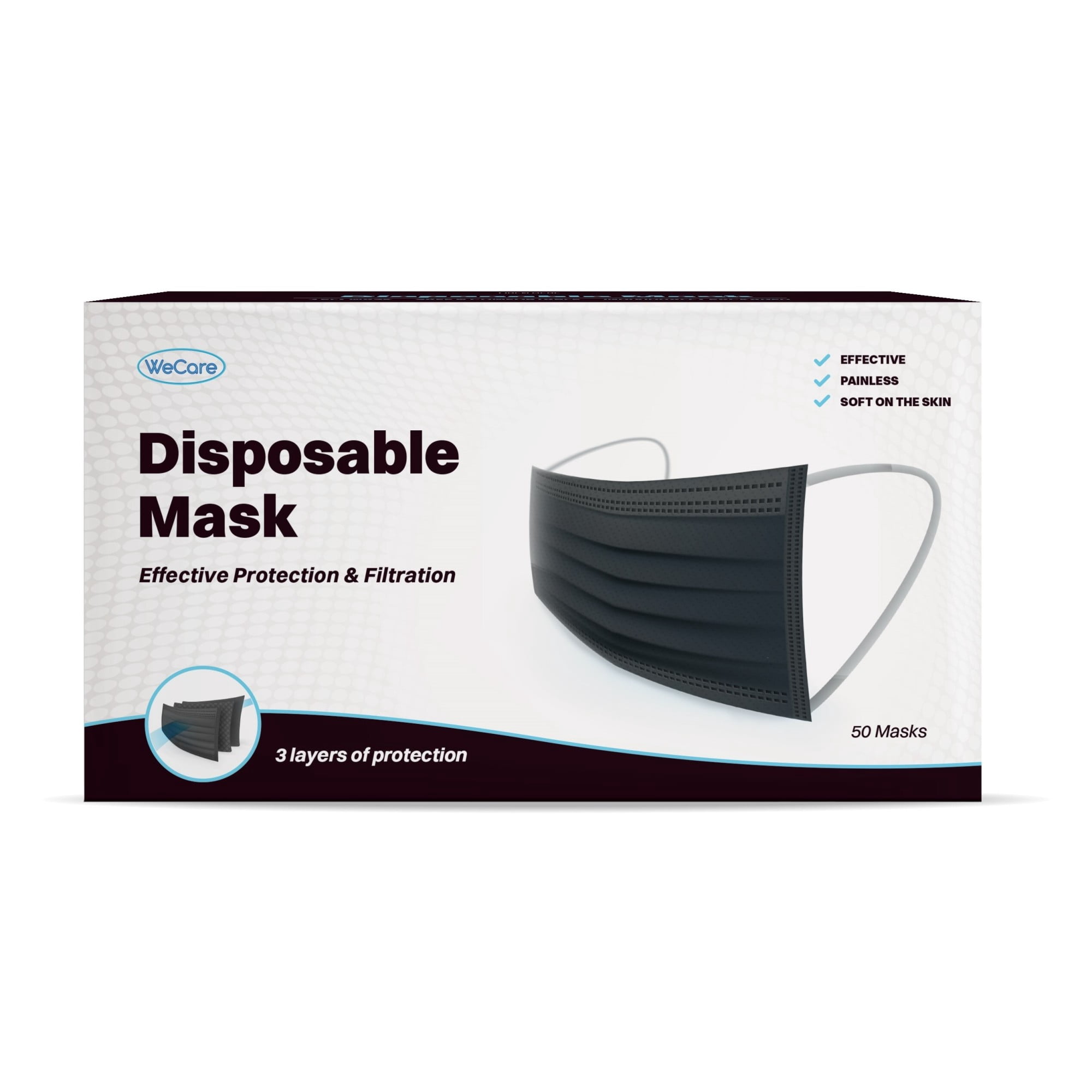 (40 Pack) Disposable Face Masks 3-Ply Individually Wrapped , 50ct - Black