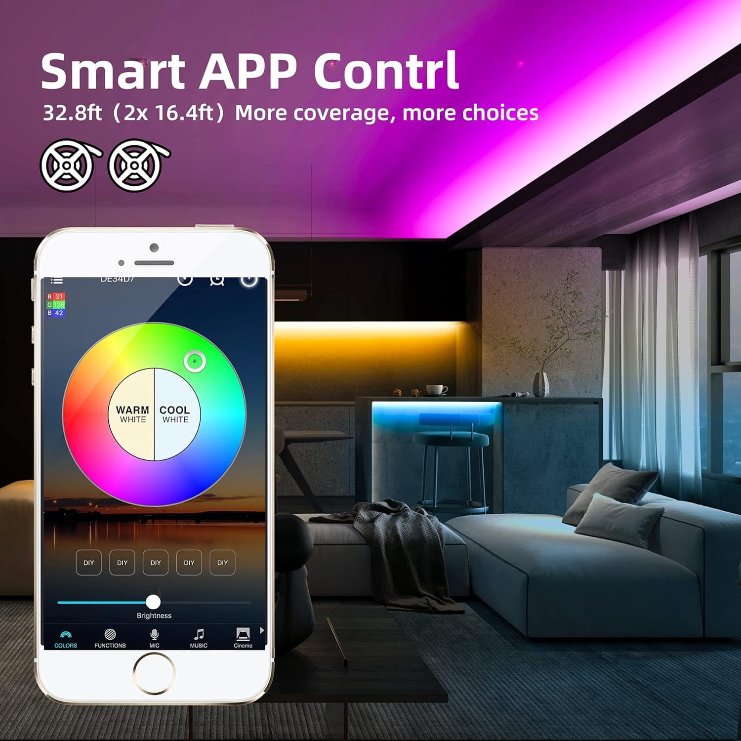 GIDEALED Smart WiFi RGBW LED Strip Lights 32.8ft Kit Work with Alexa/Google Assistant,APP/Voice Control 5 pin RGB +Warm White Strip Change Color Dimmable White