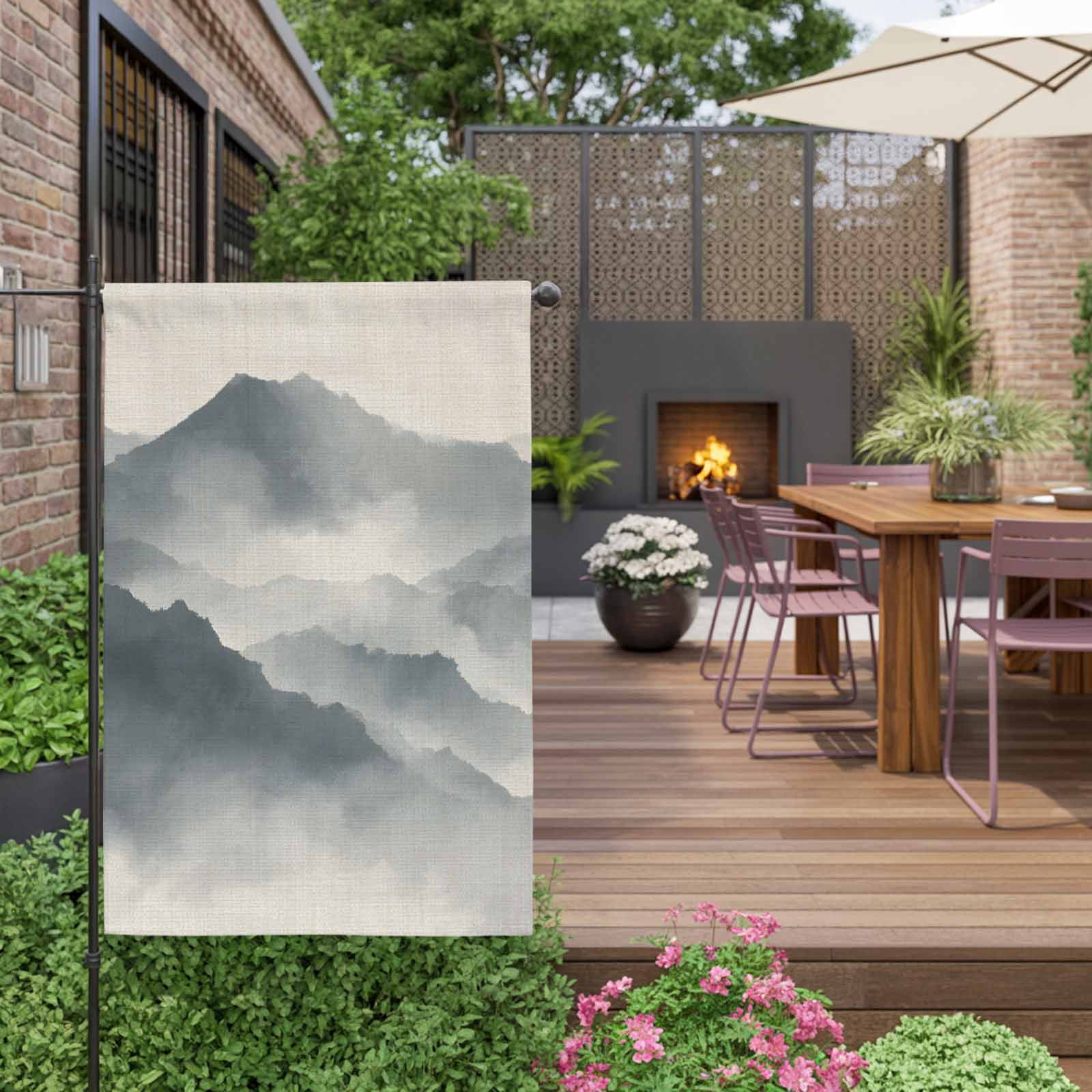 Mountain Peak House Flag 28 x 40 Inches, Modern Mist Gray Ink Wash Gradient Fog Country Weather Proof Outdoor Patio Flags Double Sided Small House Decoration for Yard Lawn Outside Home