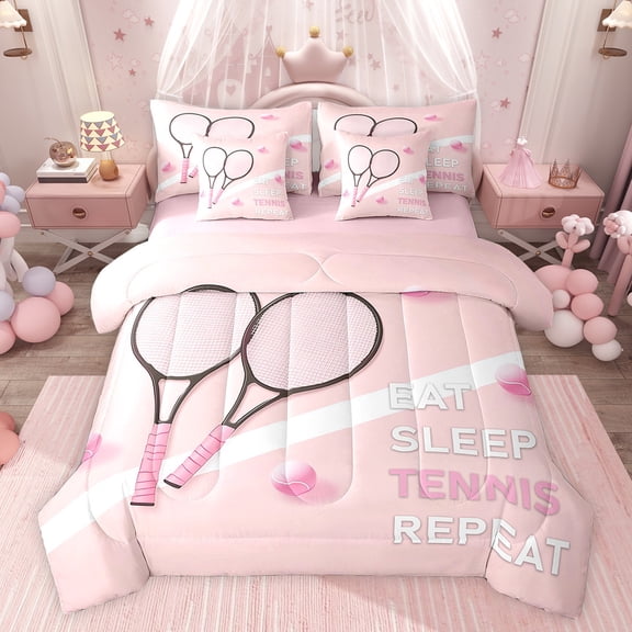 Feelyou Est Tennis Sleep Twin Bedding Sets 7-Piece for Child, Cartoon Ball Gamer Bedding Comforter Set, Outdoor Sport Lover Reversible Sheet Sets, Luxury Bedroom Decor