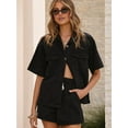 thumbnail image 4 of Women'S Denim 2 Piece Outfits Short Sleeve Button Down Shirt Drawstring Shorts Set Casual Jean Outfits Black S, 4 of 8