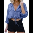 thumbnail image 3 of Camisa Vaquera Corta para Mujer, con Mangas 3/4 Enrolladas, Informal, Holgada, con Cordón Ajustable en el Dobladillo y Botones Delanteros. Azul Oscuro L, 3 of 6