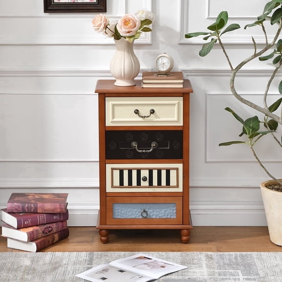 Vintage Accent Cabinet with 4 Mixed Pattern Drawers, Decorative Storage Cabinet Nightstand for Bedroom, Living Room or Entryway, Ideal for Small Spaces