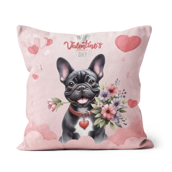 Happy Valentine's Day French Bulldog holding flowers Pillow Cushion Double Sided Dog Lover Gifts Throw Pillow - 3005