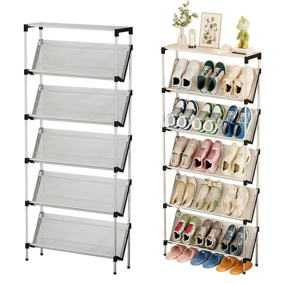 Narrow Shoe Rack for Entrance, 6 Tier Slanted Shoe Rack, Shoes Storage Organizer with 5 Slanted Shelves, Slim Shoe Shelf, Holds 18 Pairs, Simple Trending Shoe Rack for Entryway, Hallway