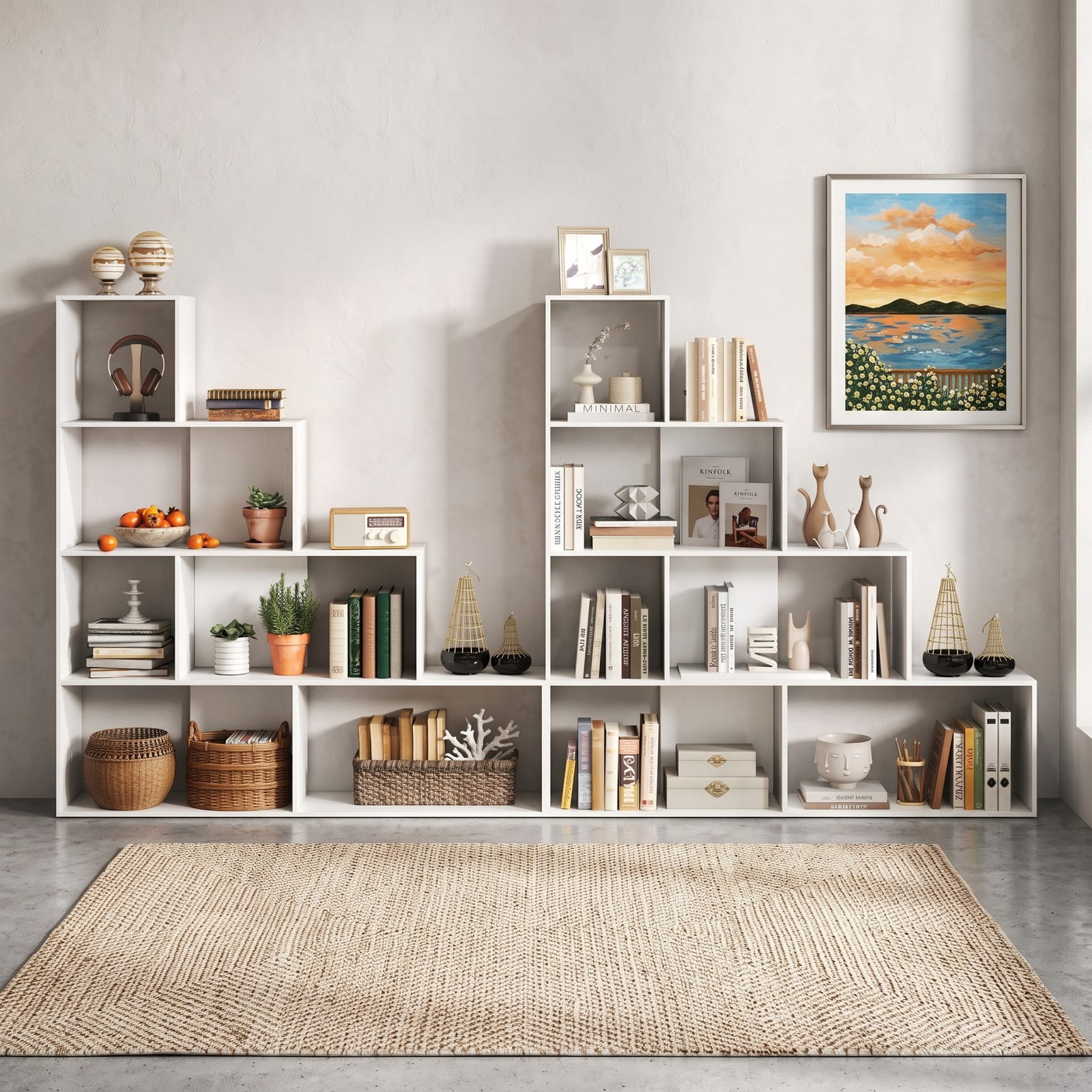 Furnibear 4-Tier Stair Bookshelf, Geometric Ladder Bookcase with 6 Open Cube Display Shelves, Freestanding Corner Storage Rack for Living Room Bedroom Home, White