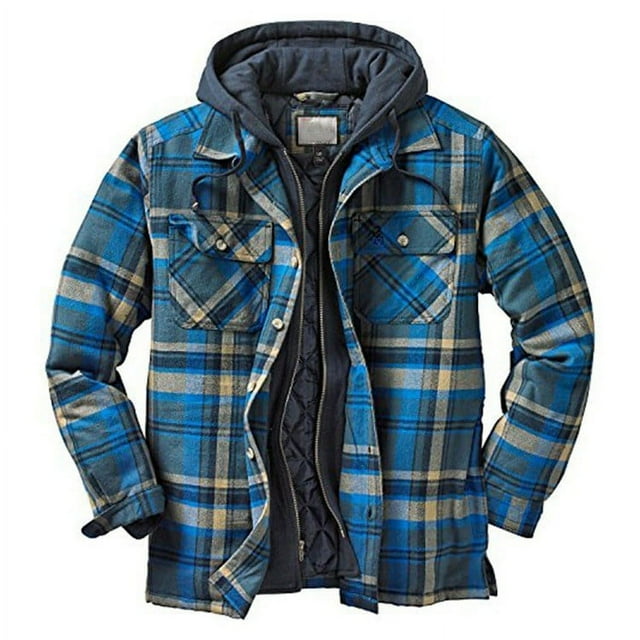 Chaqueta de franela con forro térmico para hombre, camisa de trabajo de franela a cuadros de manga larga con botones y capucha acolchada de manga larga.
