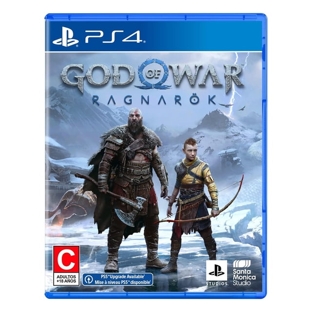 god of war ragnarok para playstation 4 disco ps4 nuevo y sellado portada frontal con Kratos y Atreus en vista frontal sobre paisaje nevado nórdico, logotipo "GOD OF WAR RAGNARÖK" centrado arriba, estuche azul PS4, iconos de clasificación C y PlayStation, idiomas Español Latino/Inglés/Francés, mejorado para PS4 Pro y requerimiento mínimo de 91GB; a menudo usado como artículo de colección para fans.