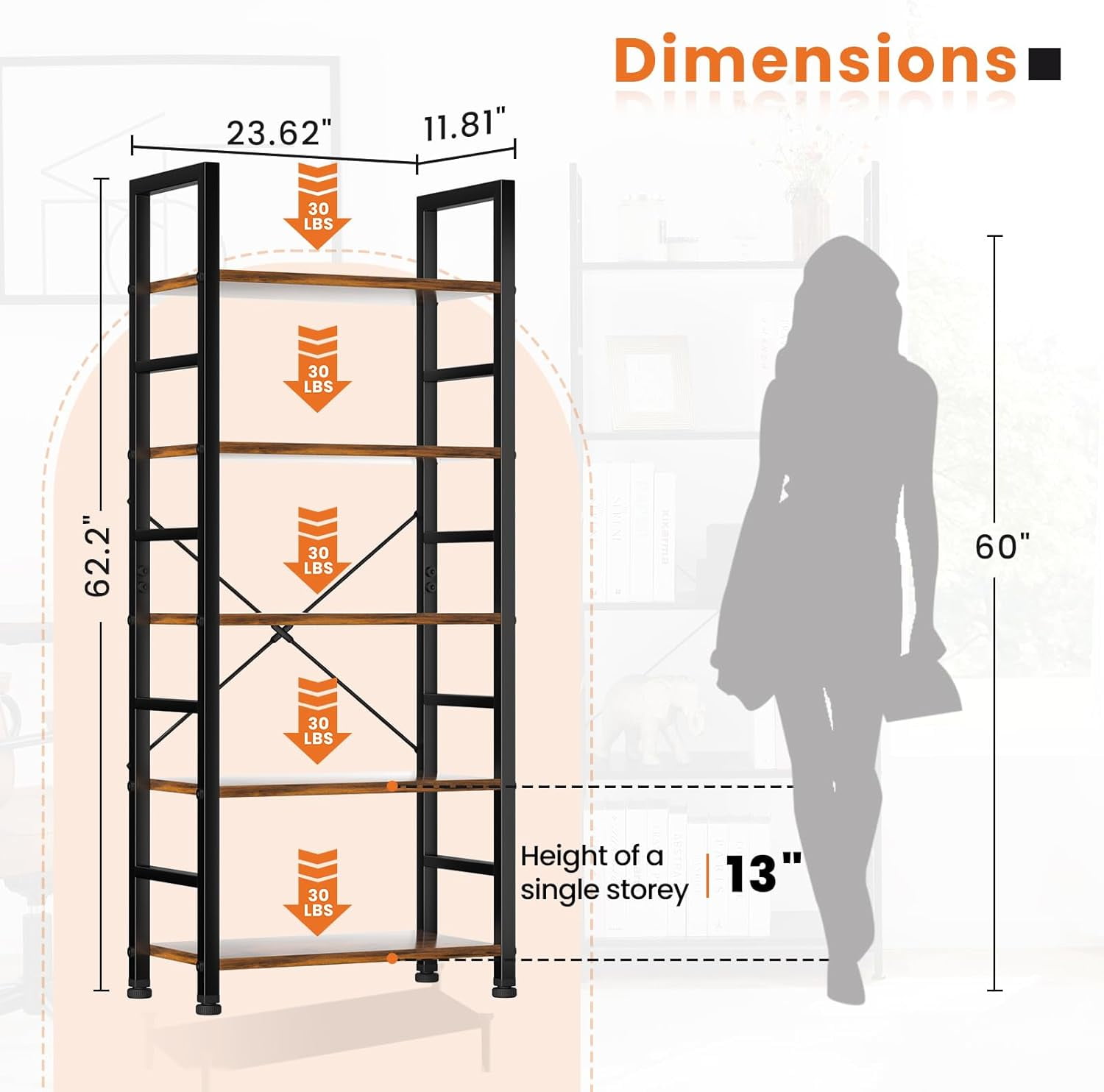 5 Tier Wooden Bookshelf Storage Shelves Organizer Retro Bookshelf Plant Display Shelf for Living Room Home Office Balcony - Rust Brown
