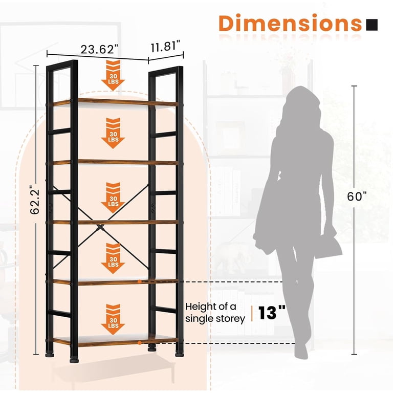 Taoset 5-Tier Bookcase, Retro Brown Metal Frame photo 8