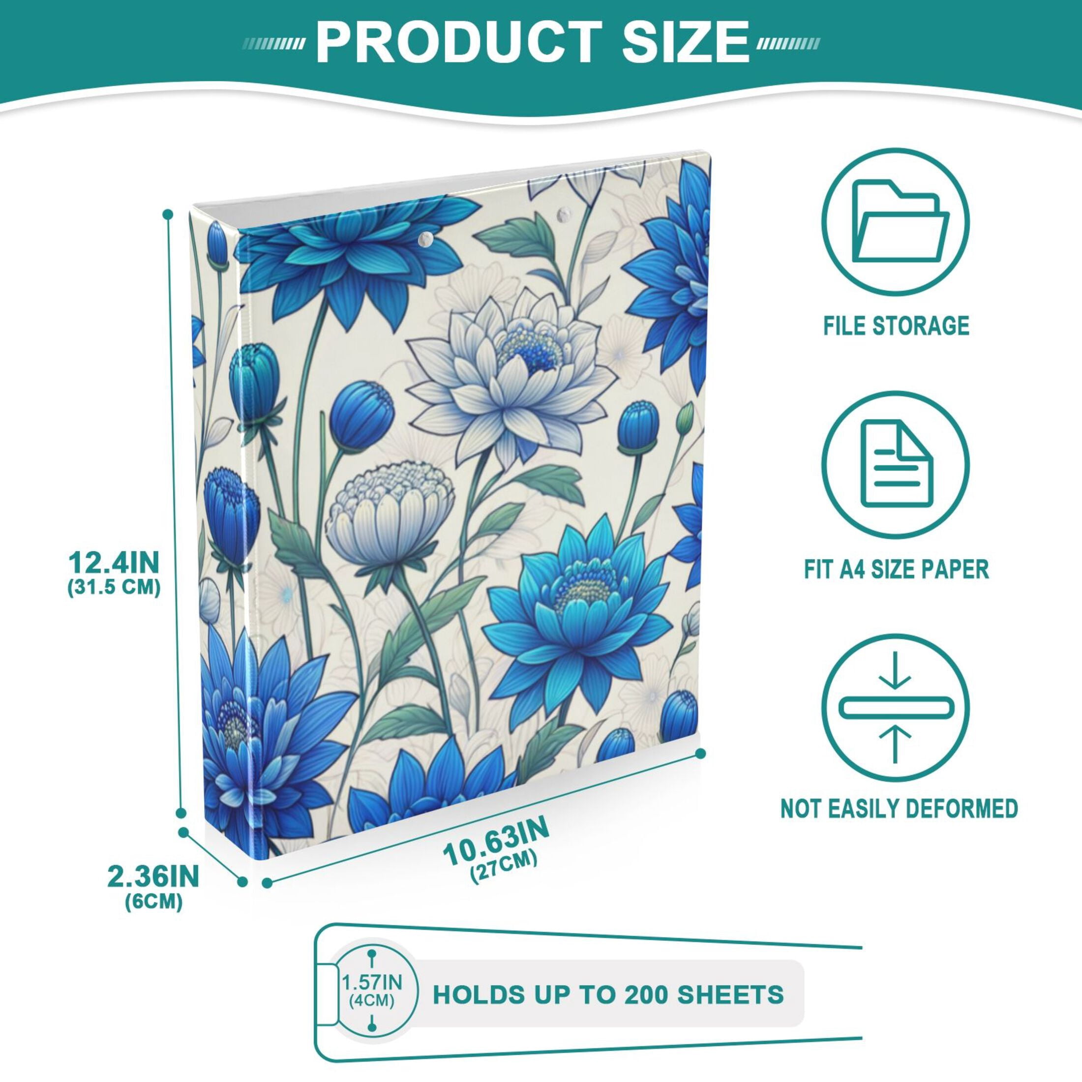 Flowers and Floral Blue 3 Ring Binders 1.5 inch Hardcover File Folders with Interior Pockets A4 Size Organizer for School Office Hospital