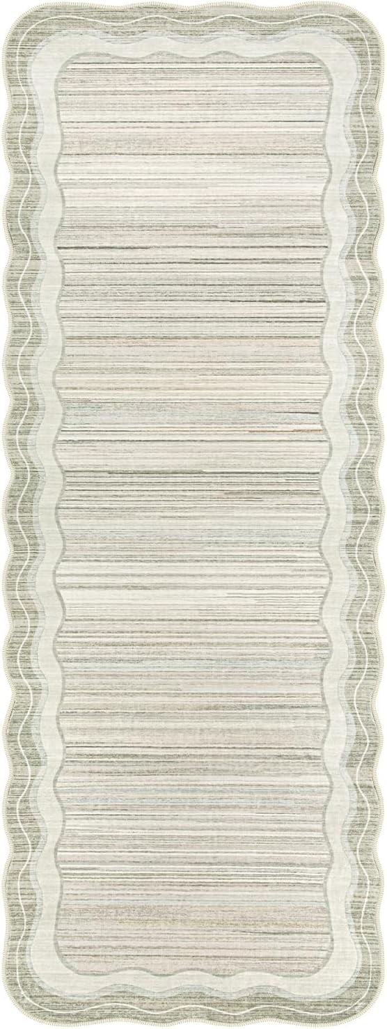 Wonnitar 2.6'x8' Scalloped Striped Hallway Runner Rug, Washable Kitchen Runner Rug, Soft Low Pile Beige Indoor Accent Rug for Entryway, Bathroom, Bedroom, Laundry