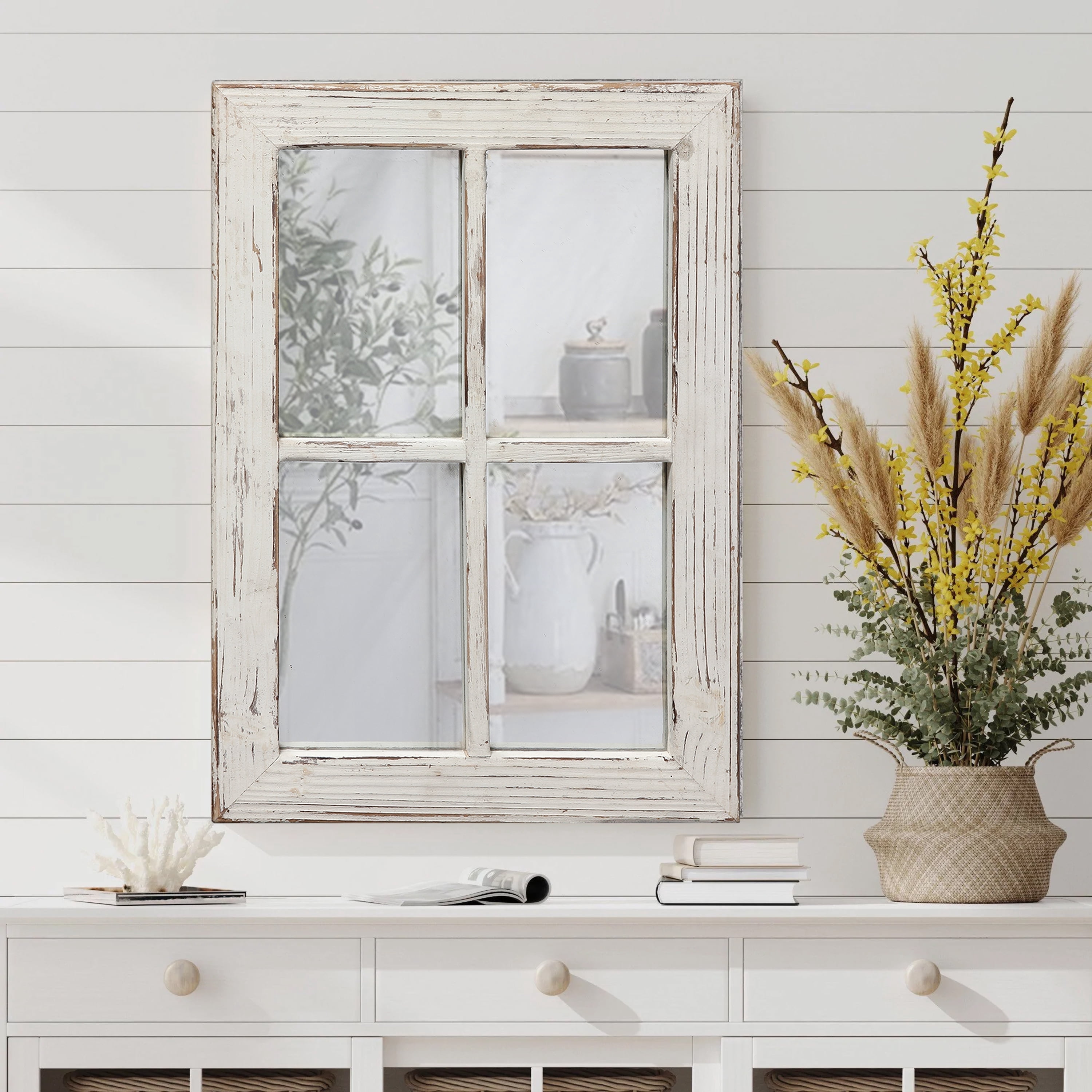 Sintosin Rustic Square Wall Mirror, Distressed White Wood Frame Window Mirrors, Decorative Mirror for Living Room Bedroom, 11" x 16" White