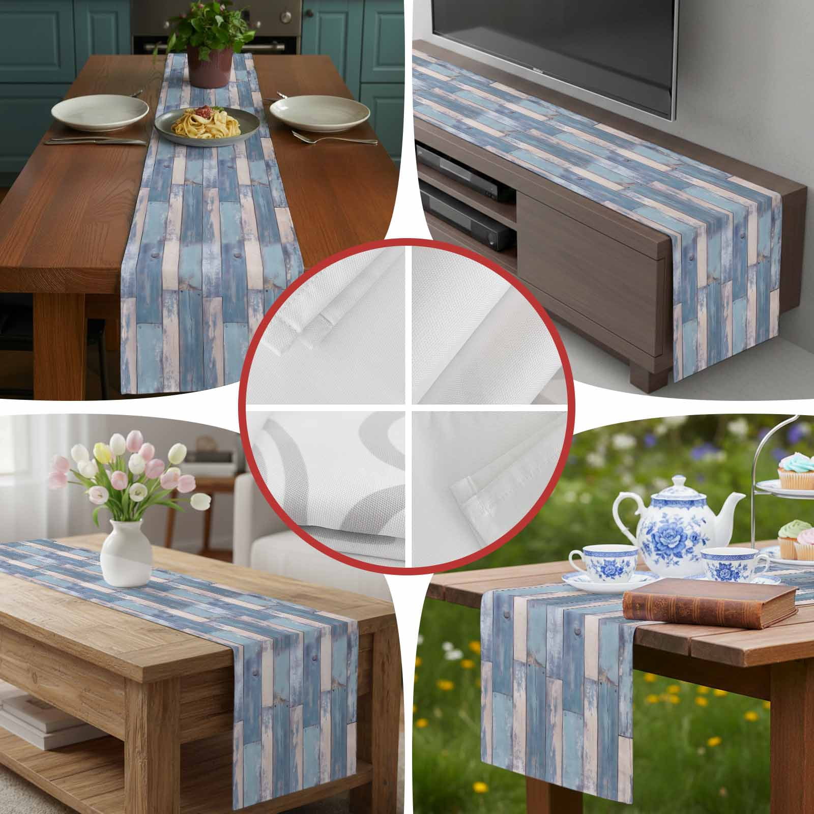 Blue Vintage Wood Grain Table Runner 90 Inches Long, Abstract Farmhouse Wooden Table Runners Tabletop Scarf Kitchen Dining Tables Decoration for Home Party Indoor Outdoor