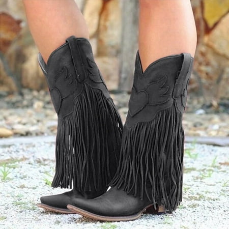 

YOTAMI Womens Boots Plus Size Retro Mid-heel High Boots Women Pointed Tassel Boots Black