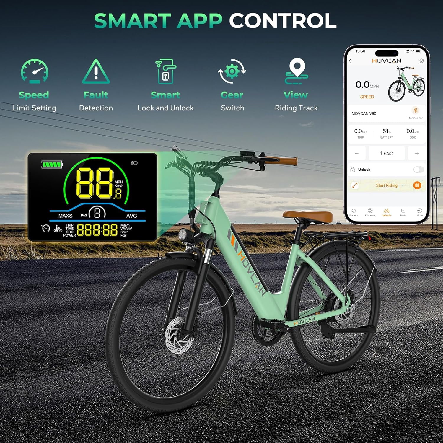 26" Commuter Electric Bike for Adults, 28 MPH Adult Electric Bicycles with New Shock Absorption, 1000W Motor, 48V 13Ah, Unisex, UL 2849 Certified, Green