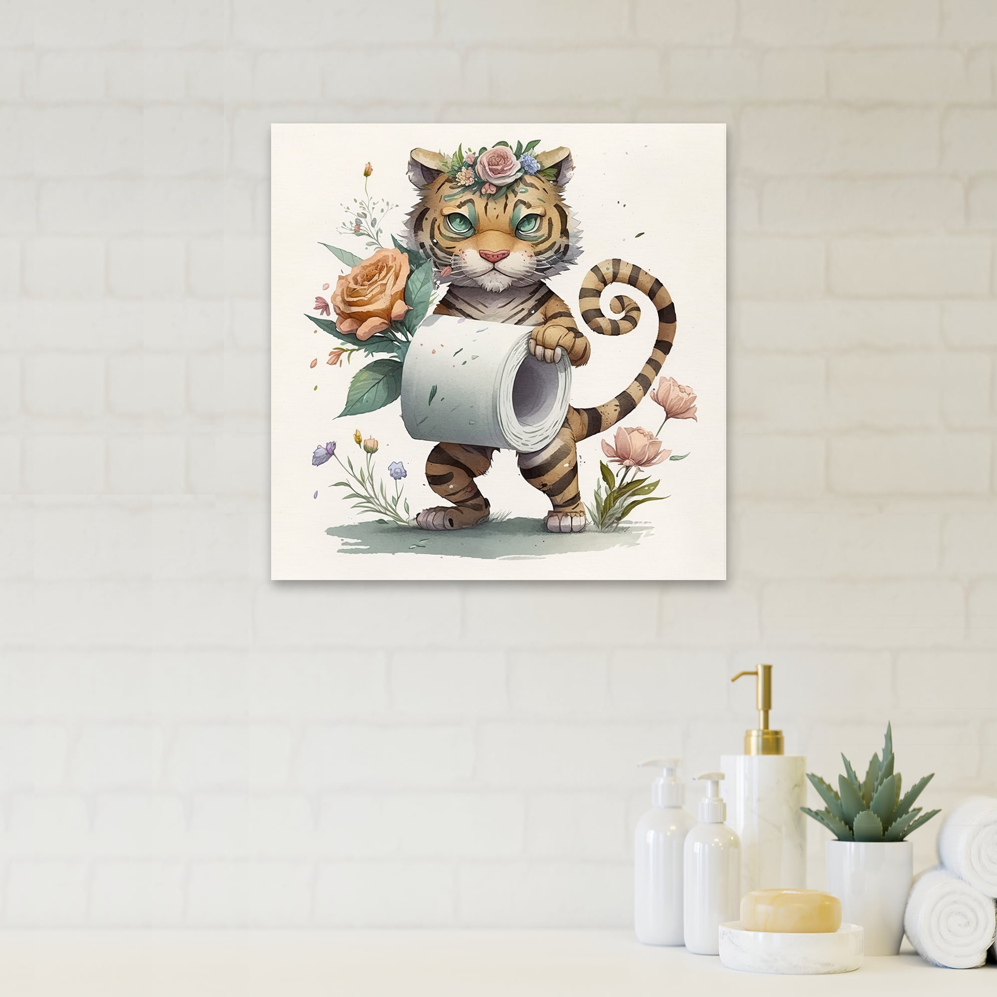Designart Tiger With Roll Of Toilet Paper And Flowers III Canvas Wall Art