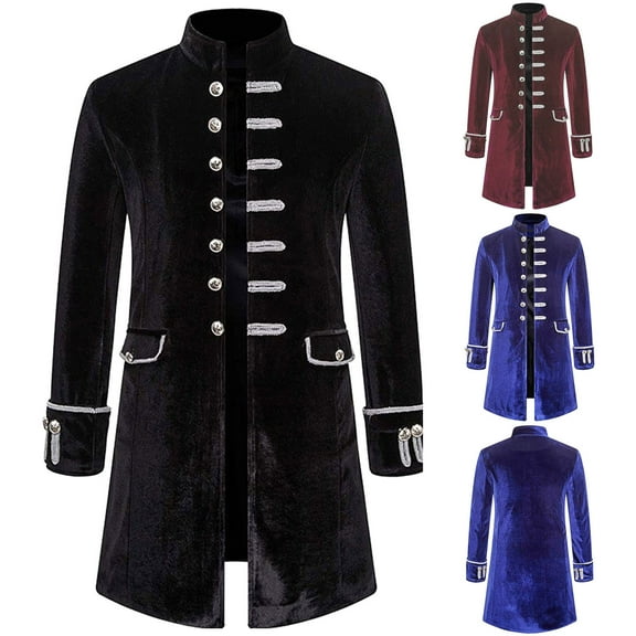 Miluxas Mens Velvet Medieval Jacket Gothic Steampunk Vintage Victorian Stand Collar Frock Coat Uniform for Halloween Red
