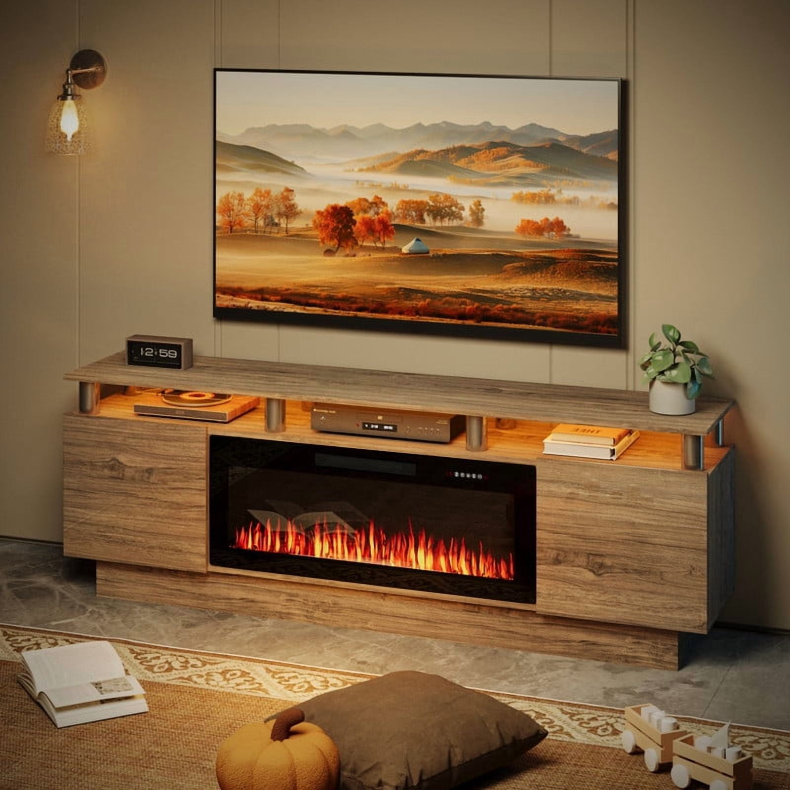 Waleaf 70" Modern Fireplace TV Stand with 36" Fireplace for TVs Up to 80", 2 Tier TV Console Stand for Living Room