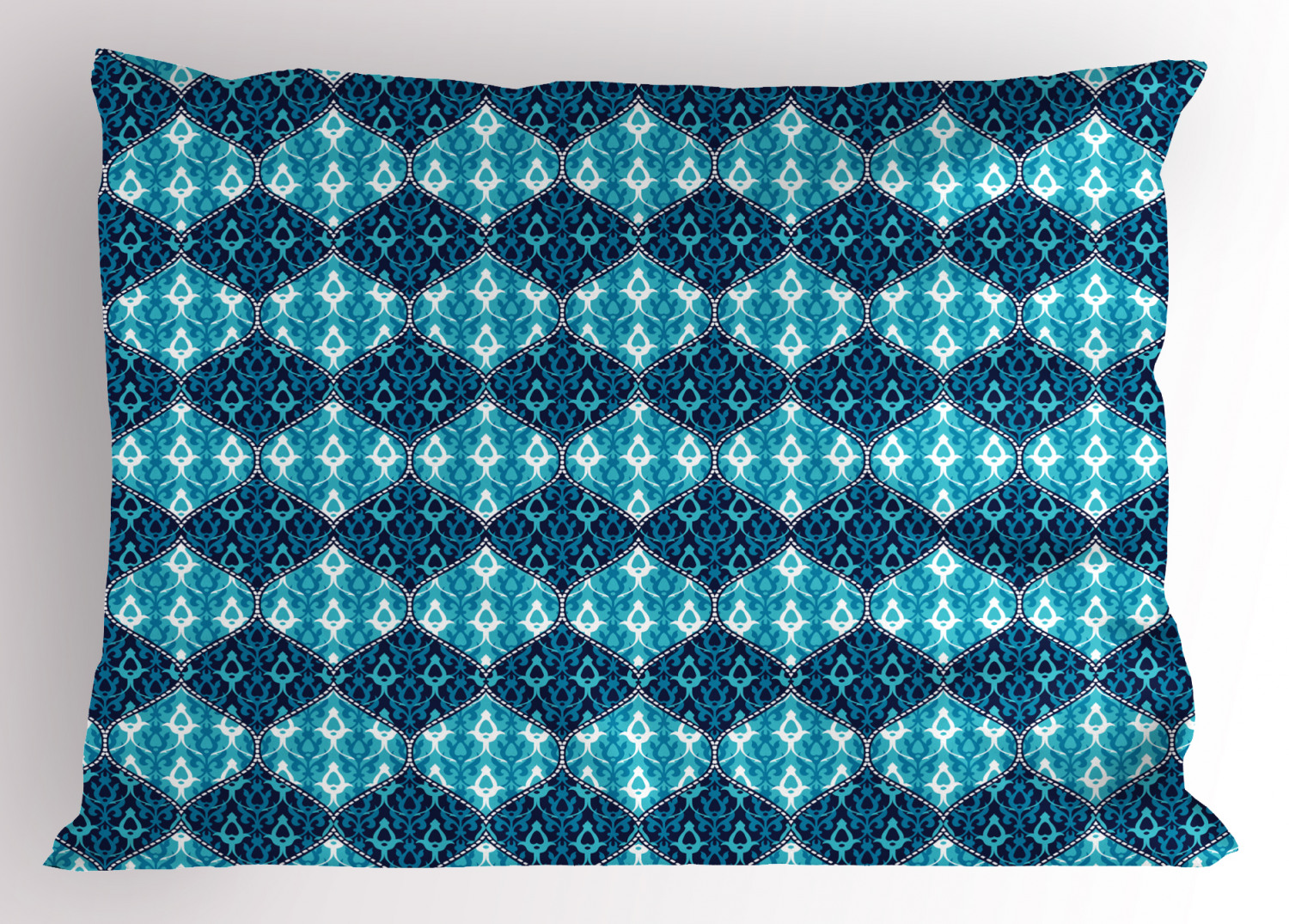 Navy Blue Pillow Sham Horizontal Oriental Inspired Pattern in Patchwork