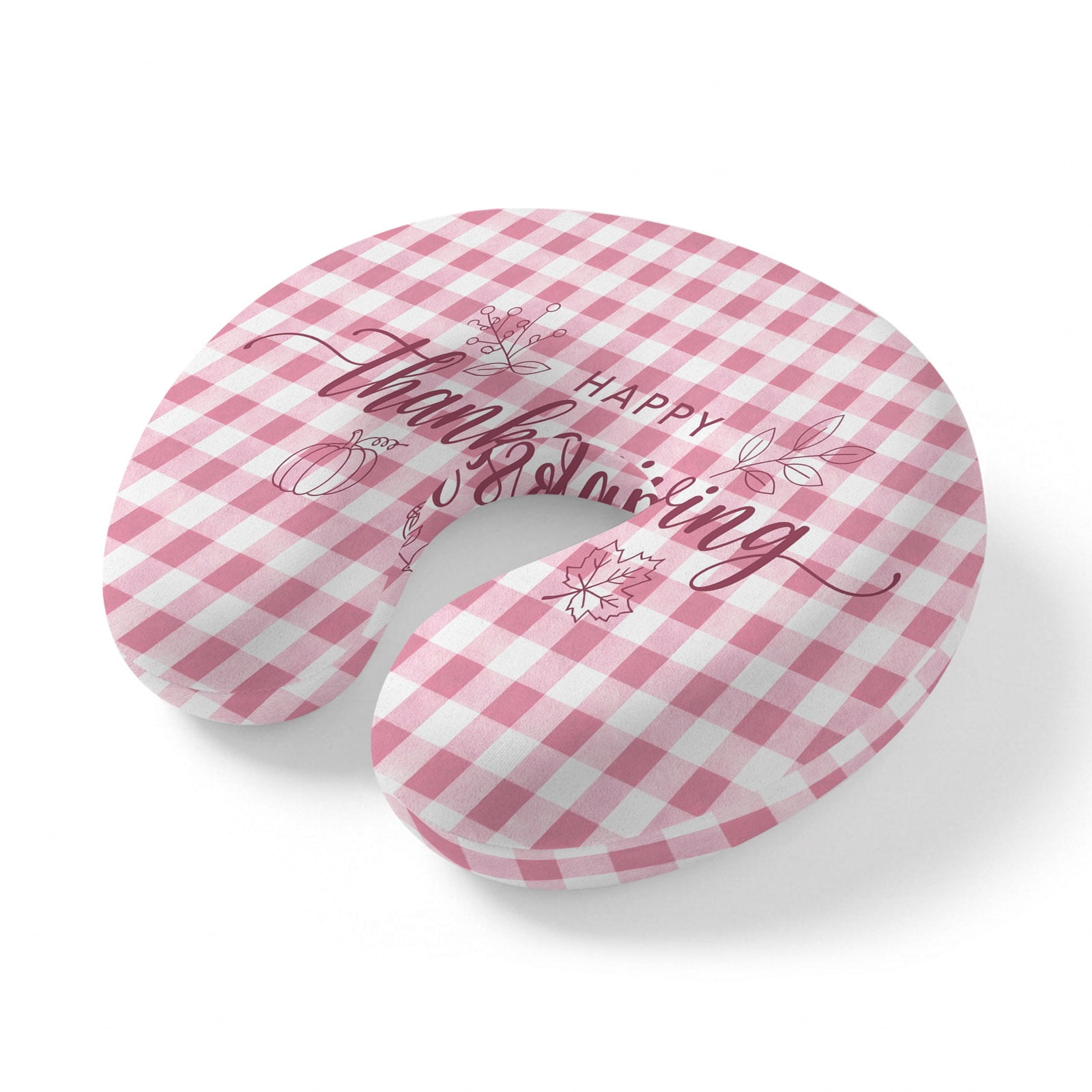 Neck Pillow Happy Thanksgiving Pink Buffalo Travel Pillow Memory Foam U Shaped Pillows Pumpkin Maple Leaves Sketch Travel Neck Pillows for Airplane Car Office Home Sleeping Rest