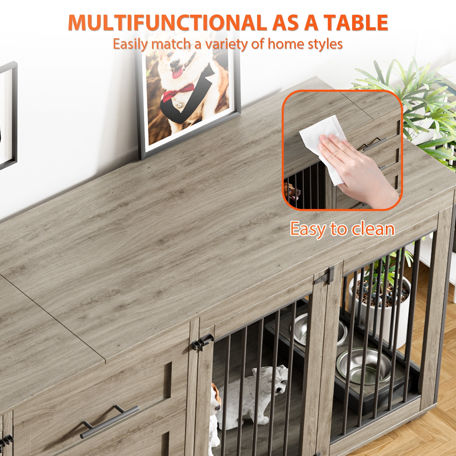 Rophefx 95.4" Dog Crate Furniture for 2 Dogs,Large Kennel with 3 Drawers and 4 Bowls,Wooden Heavy Duty Indoor Dog House,Grey
