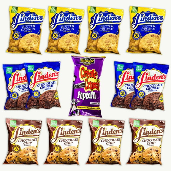 Linden's Cookies Variety Pack - Chocolate Crunch, Butter Crunch, Chocolate Chip - 3 Large Cookies per Bag - Elmer's Creole Crunch Cajun Popcorn 2oz - 13 Items