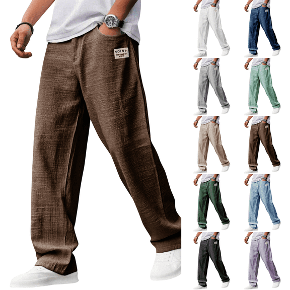 Mens Pants Casual Loose Hemp Drawstring Elastic Waist Trousers Lightweight Wide Leg Linen Pant with Pocket Brown XL