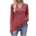 thumbnail image 1 of Bowake Femmes Tunique d'Automne Tops V Cou Bouton Manches Longues Chemisier de Base Décontracté Dames Confortables Lâches Tee, 1 of 6