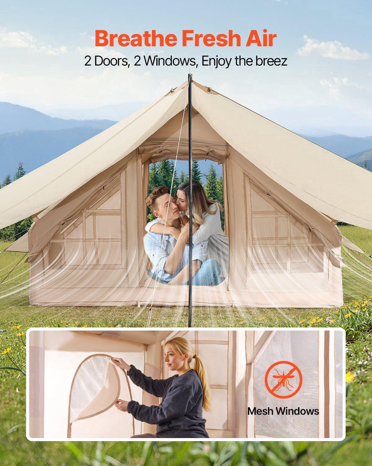 Inflatable 3-5 Person 4-Season Camping Tent – Easy Setup with Hand Pump – 300D Oxford Canopy, Stove Jack, 2 Doors & 2 Mesh Windows – Includes Storage Bag