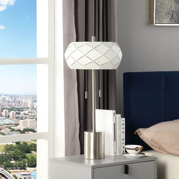 HomeRoots 482668 28 in. Metal Table Lamp with Geometric Laser Cut Metal Shade, Silver