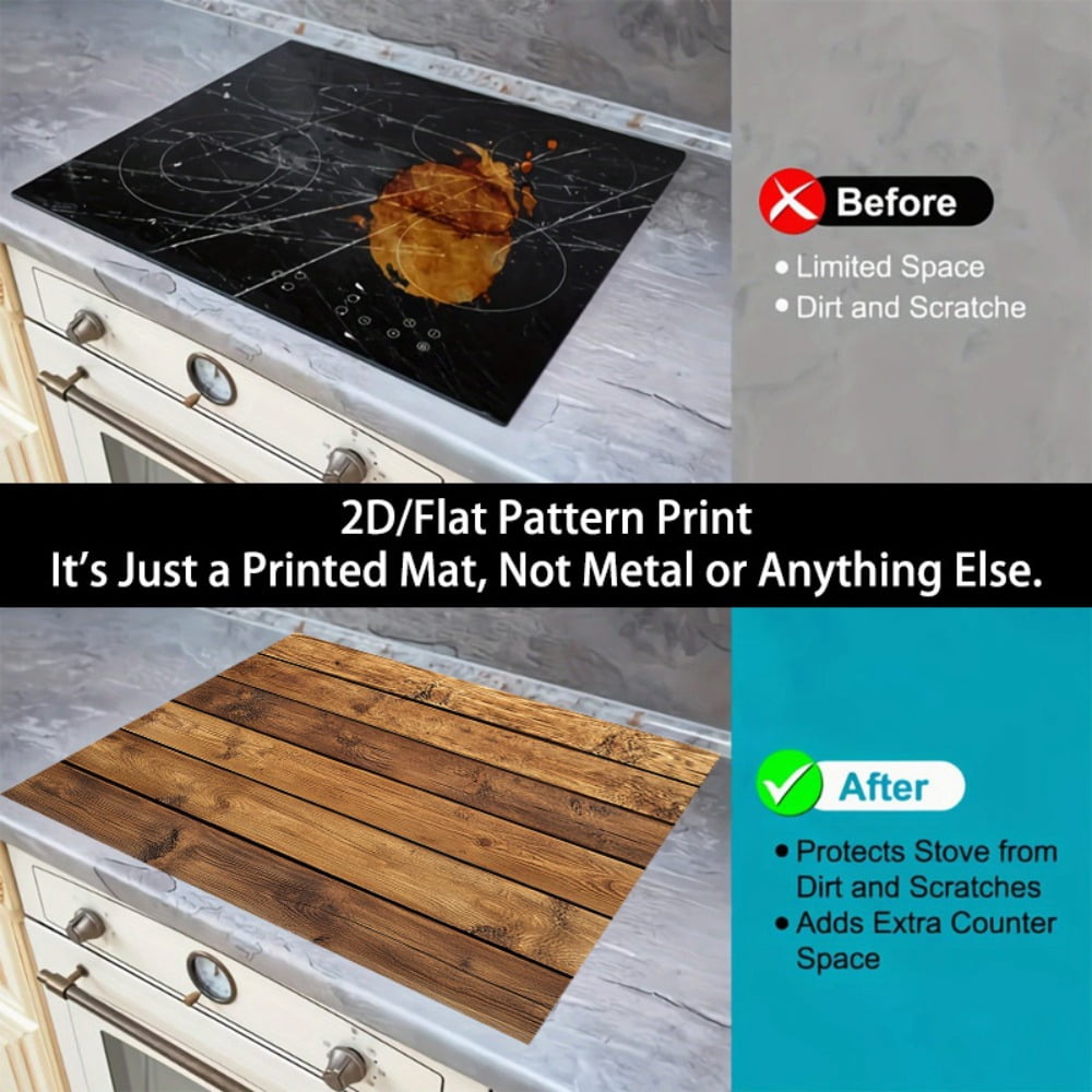 2D Flat Stove Cover Protector, Wood Grain Pattern Kitchen Counter Cover Mat, Scratch Resistant Stove Top Cover, Multipurpose Surface Protection Pad, 28.3 x 20.5 Inches
