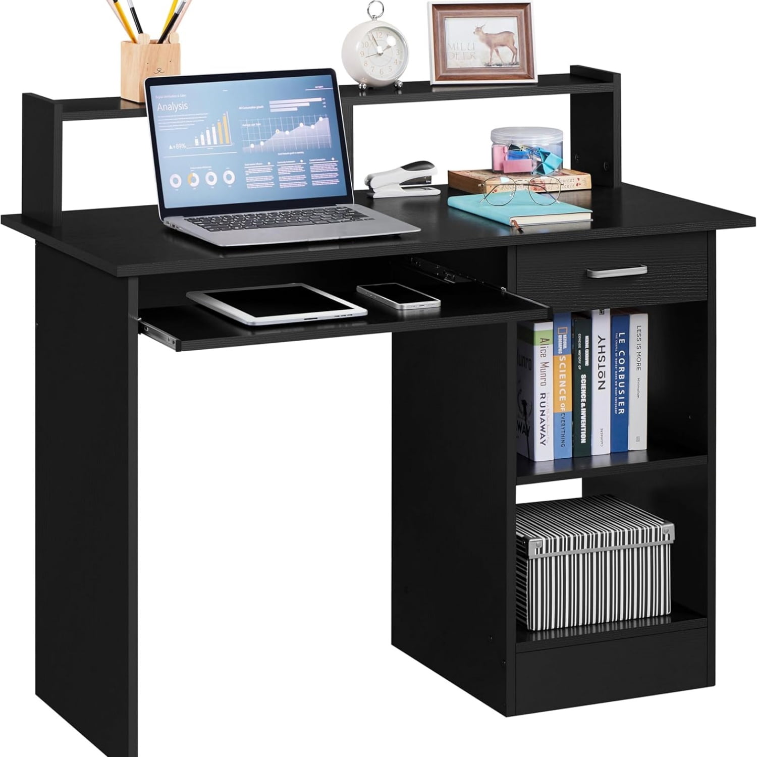 Home Office Wood Computer Desk with Drawers and Pull-Out Keyboard Tray, Study Writing Desk PC Laptop Table with Hutch and Storage Shelves, Modern Workstation, Black