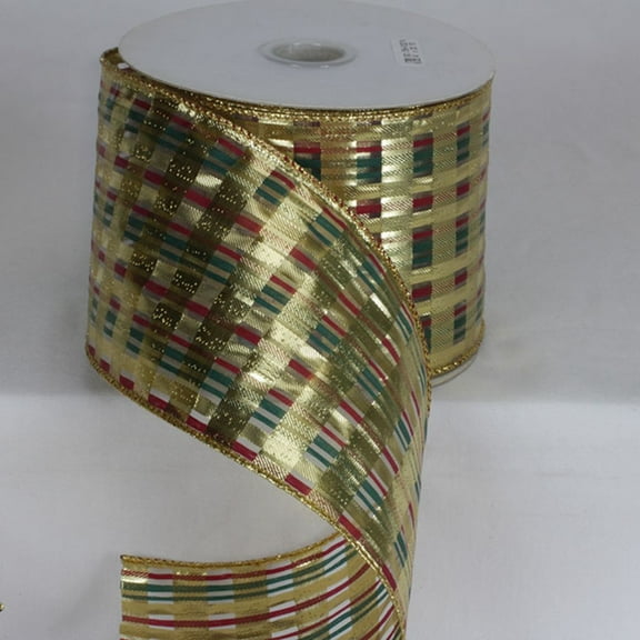 The Ribbon People Gold and Green Plaid Semi Sheer Wired Craft Ribbon 4" x 20 Yards